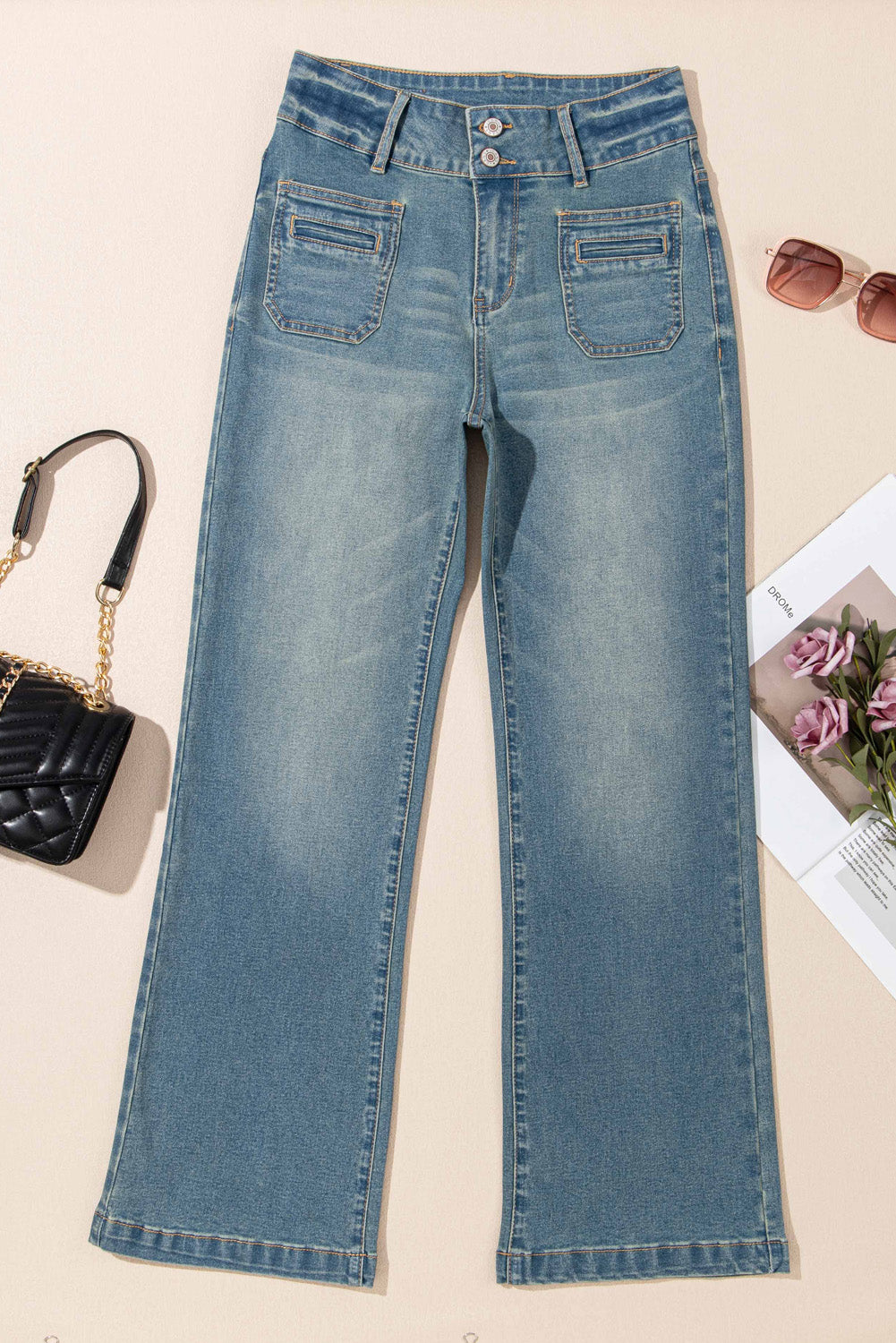 Amyra Double Button Patch Pocket Flare Leg Jeans