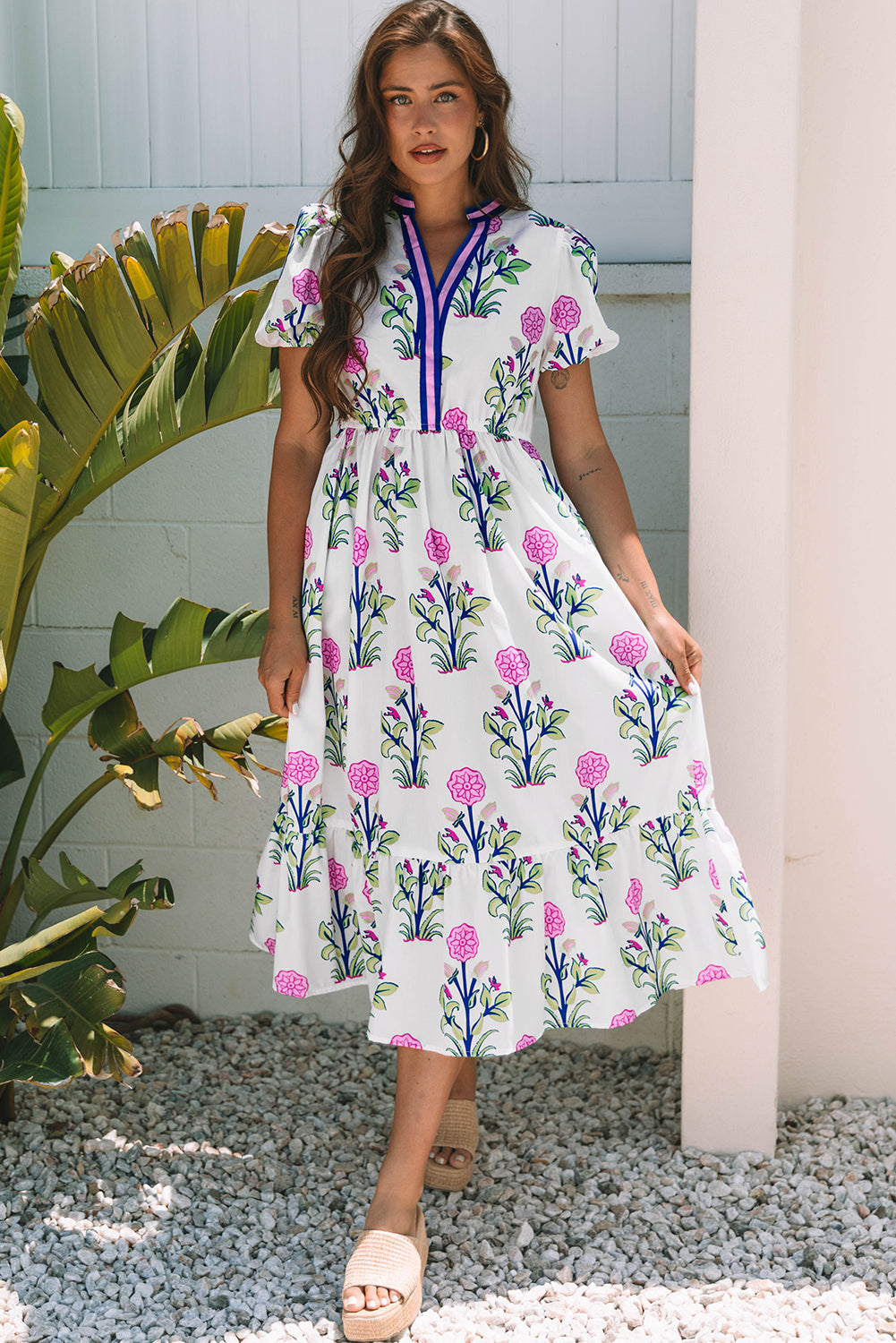 Julietta Floral Puff Short Sleeve V Neck High Waist Maxi Dress