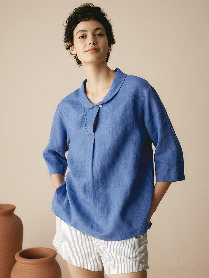 100% Linen Stripe Shawl V-Neck Half Sleeve Top JADE
