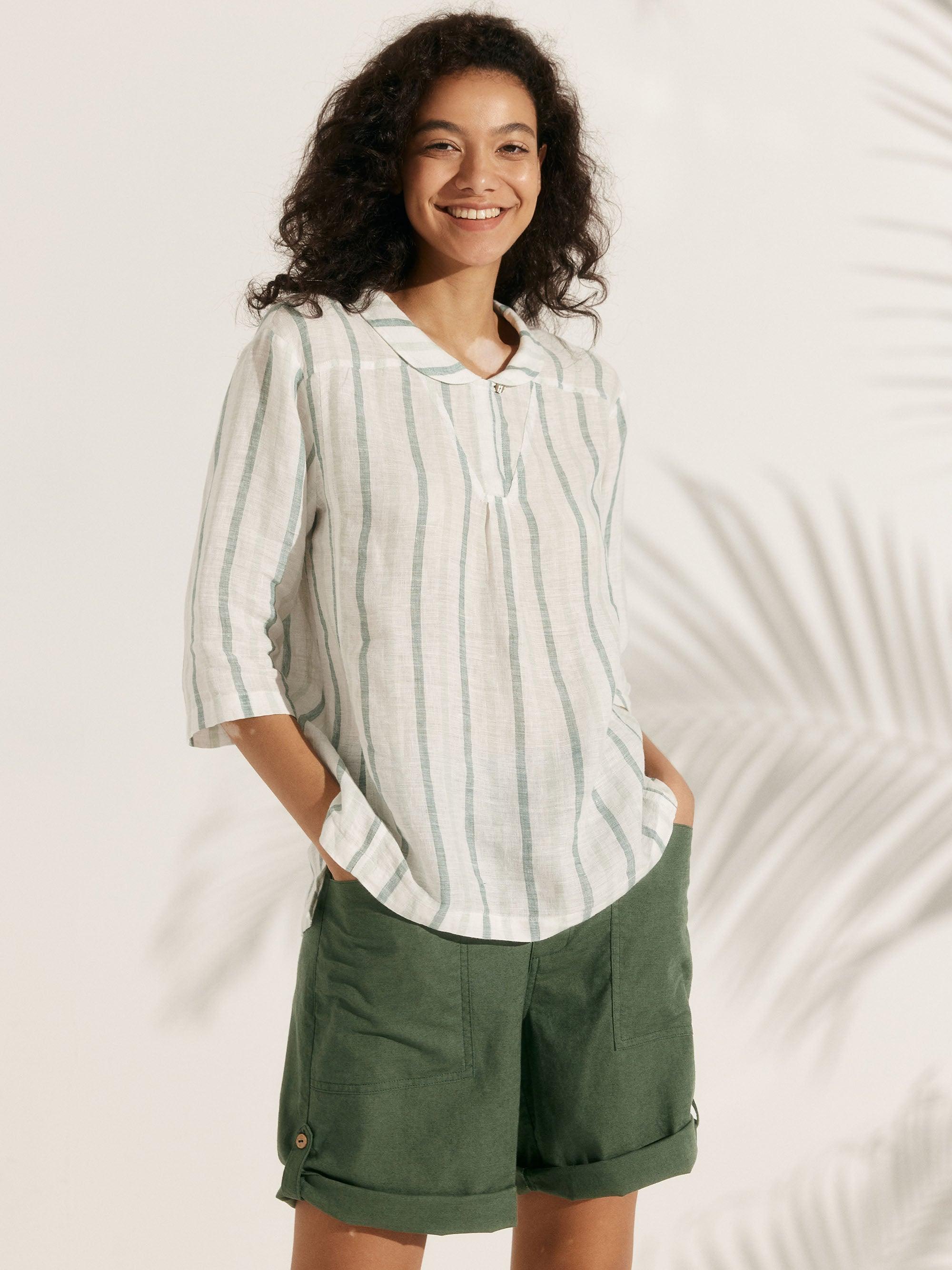 100% Linen Stripe Shawl V-Neck Half Sleeve Top JADE