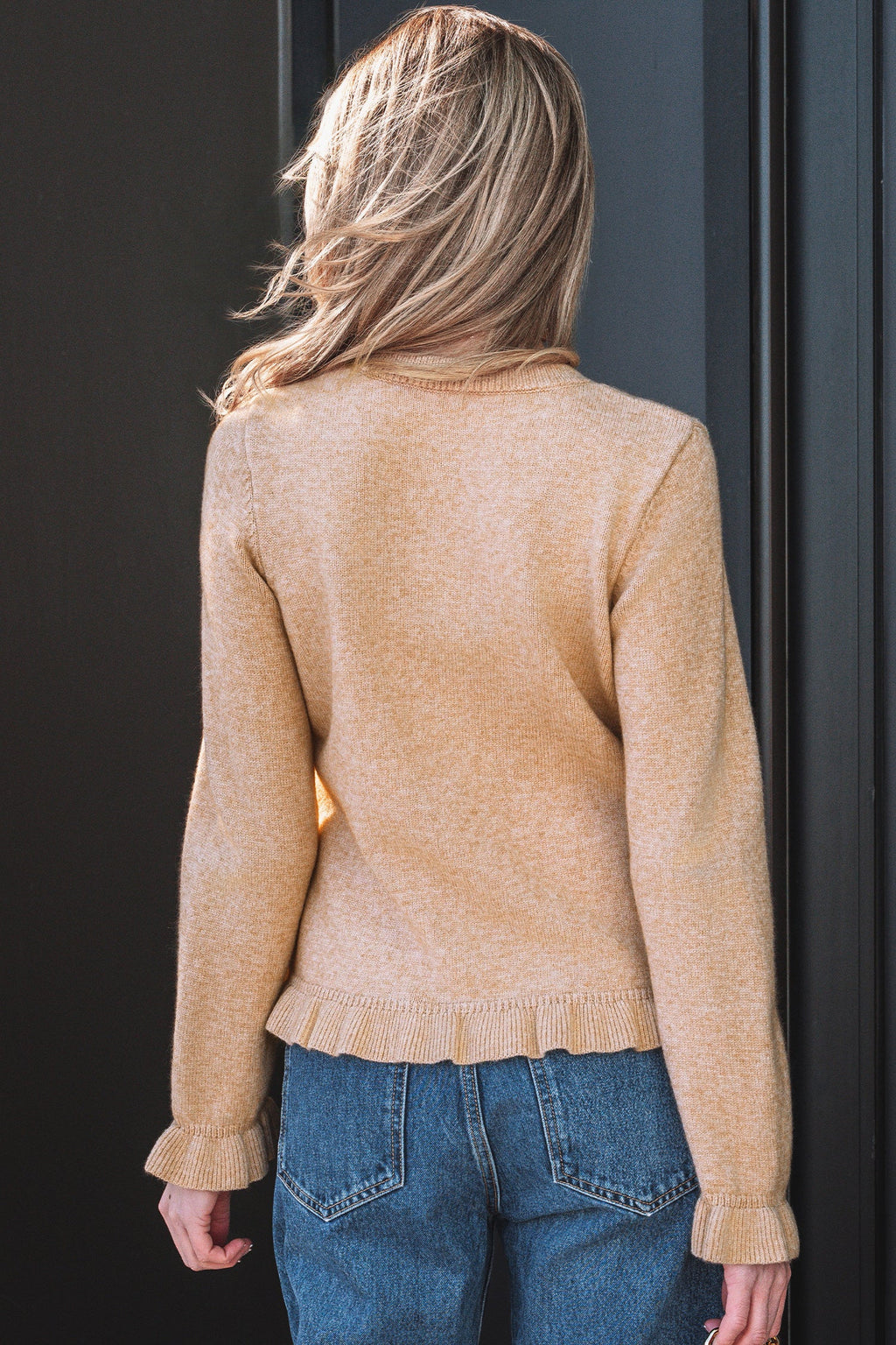 Yamileth Oatmeal Ruffle Trim Sweater