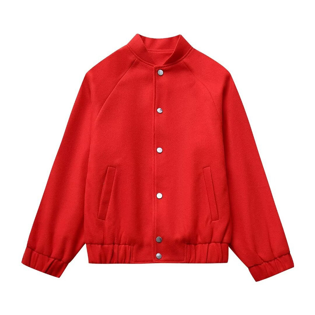 Womens Fashionable Round-Neck Solid-Color Wool Coat