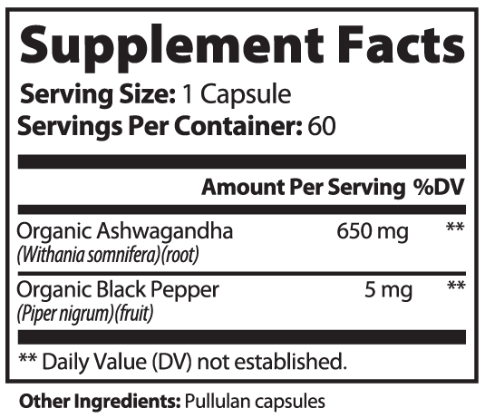 Ashwagandha with Black Pepper | Stress Relief and Calm Adaptogen | Organic | 60 Capsules