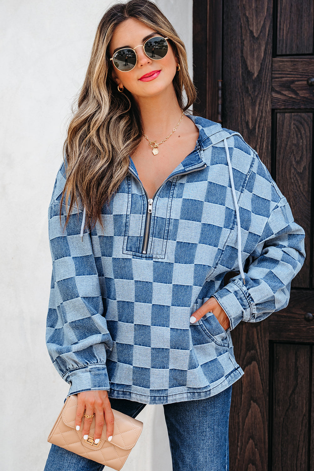 Taracella Checkerboard Zipped Kangaroo Hoodie