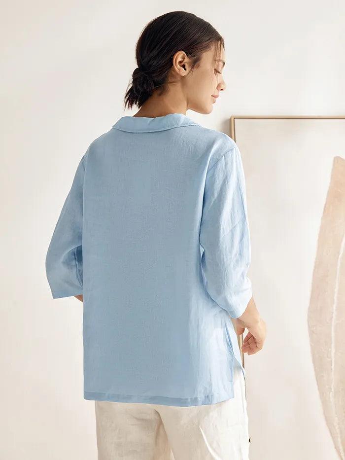 100% Linen Stripe Shawl V-Neck Half Sleeve Top JADE