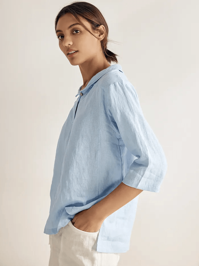 100% Linen Stripe Shawl V-Neck Half Sleeve Top JADE