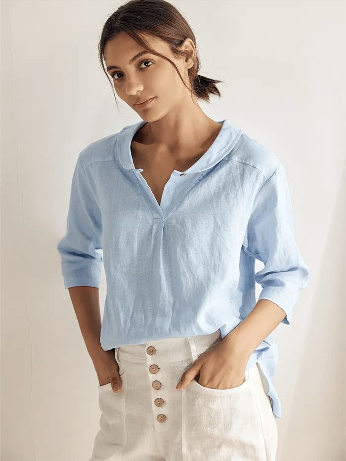 100% Linen Stripe Shawl V-Neck Half Sleeve Top JADE