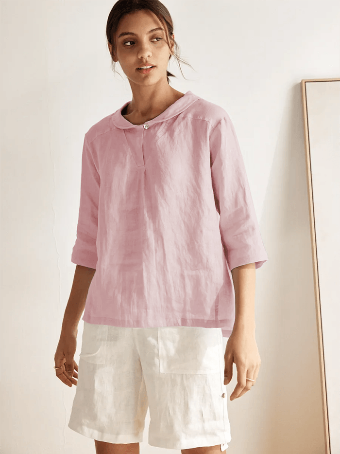 100% Linen Stripe Shawl V-Neck Half Sleeve Top JADE