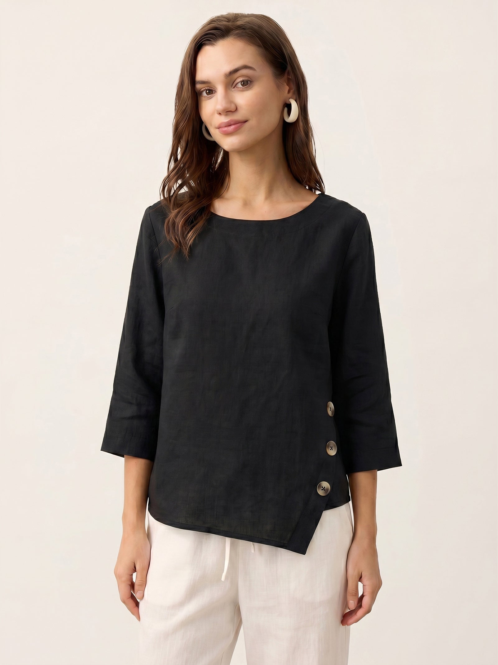 100% Linen Asymmetric-Hem Button-Trim Top NYLA