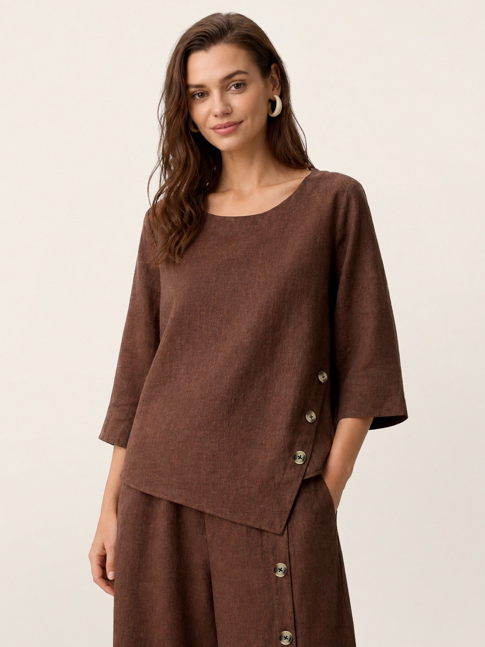 100% Linen Asymmetric-Hem Button-Trim Top NYLA