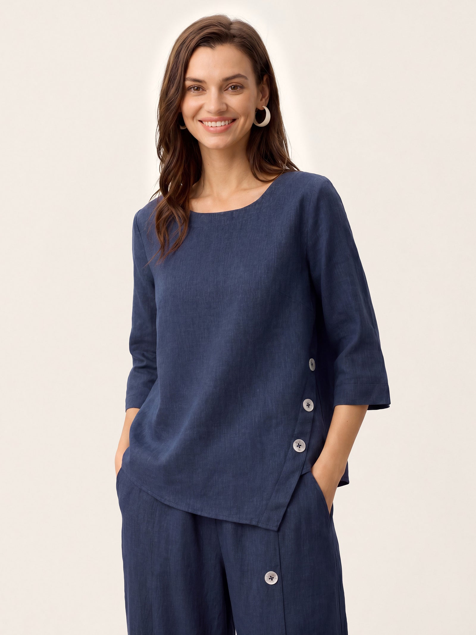 100% Linen Asymmetric-Hem Button-Trim Top NYLA