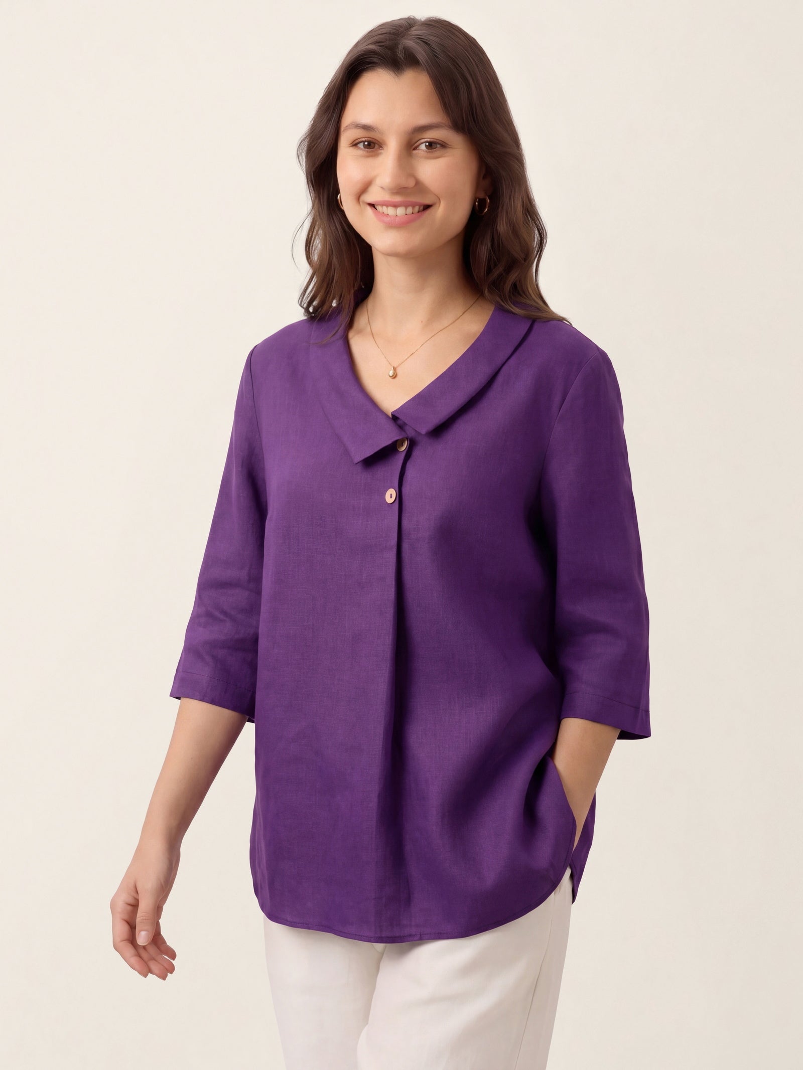100% Linen Asymmetric Collar Inverted Pleat Top OTTILIE