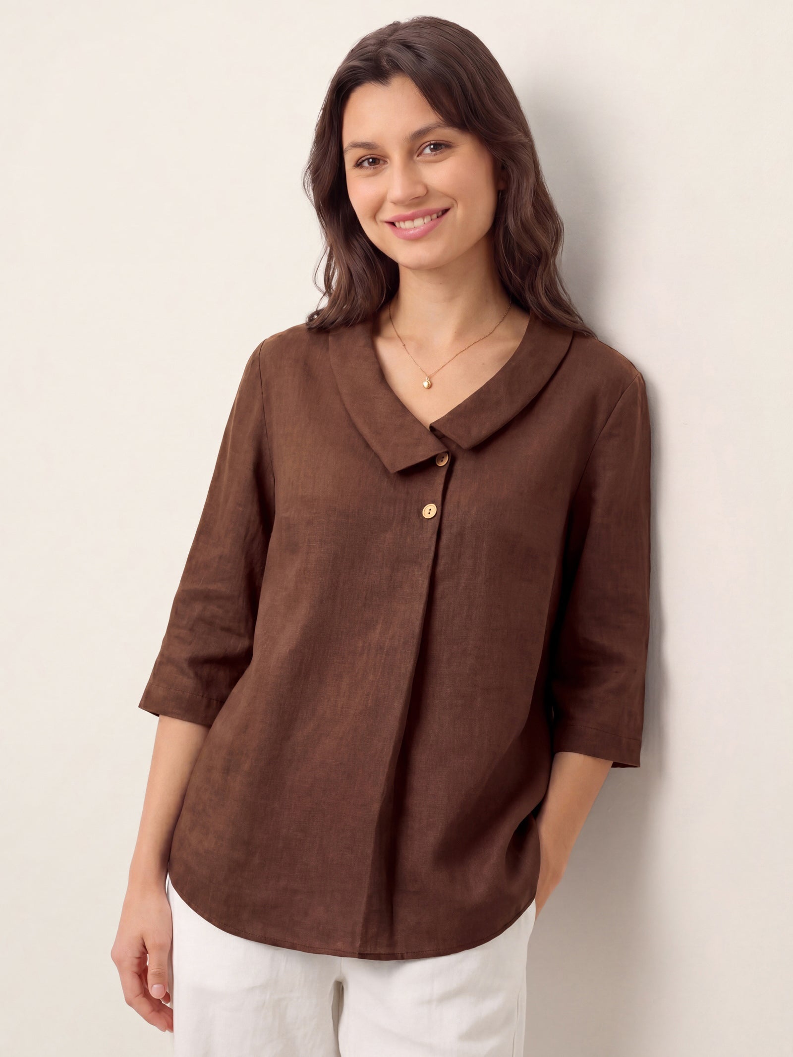 100% Linen Asymmetric Collar Inverted Pleat Top OTTILIE