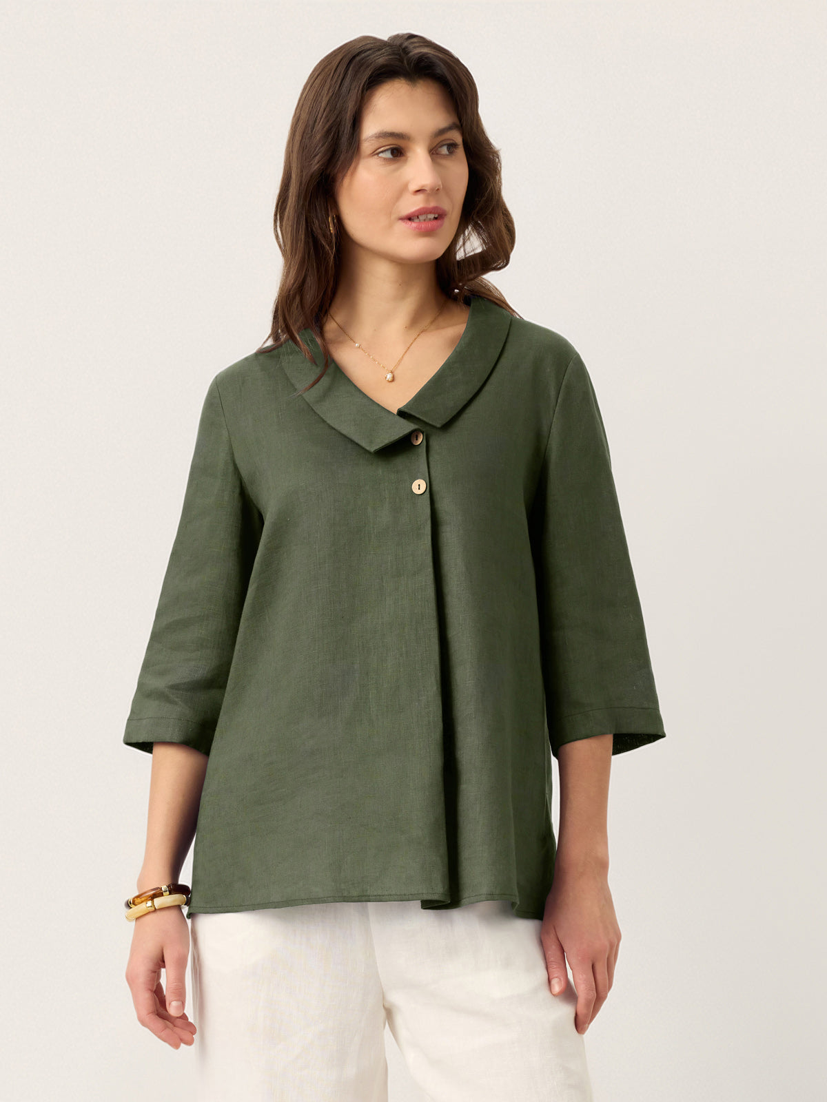 100% Linen Asymmetric Collar Inverted Pleat Top OTTILIE
