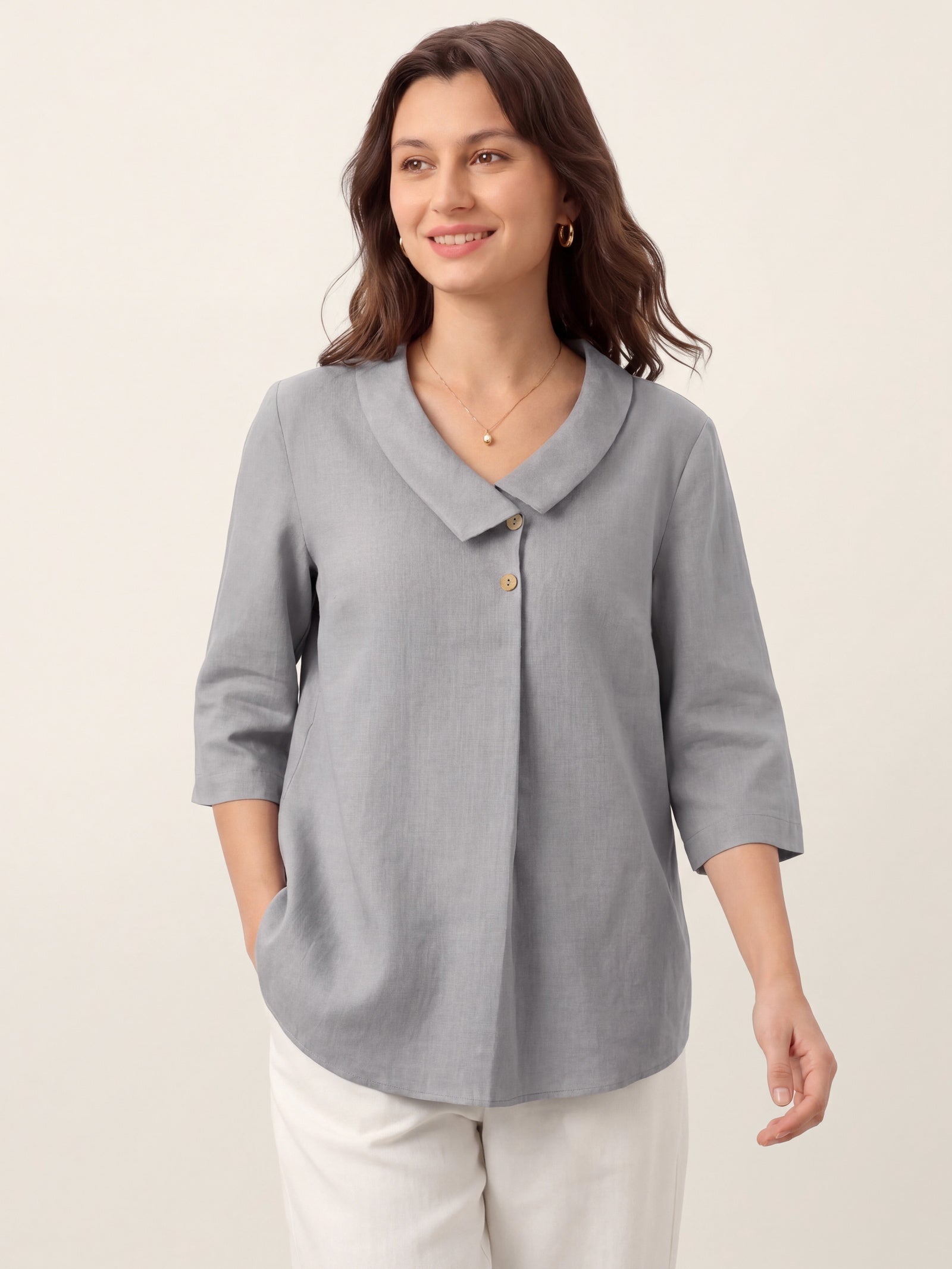 100% Linen Asymmetric Collar Inverted Pleat Top OTTILIE