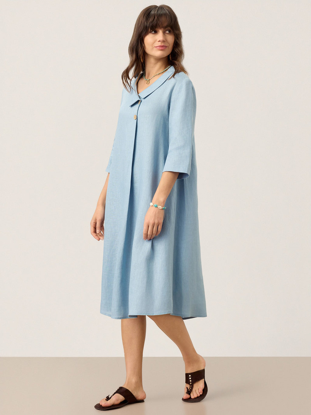 100% Linen Asymmetric Shawl Collar A-Line Midi Dress WINIFRED