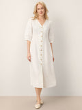 100% Linen Button-Front Lantern Sleeve Elasticated Waist Midi Dress LINNEA