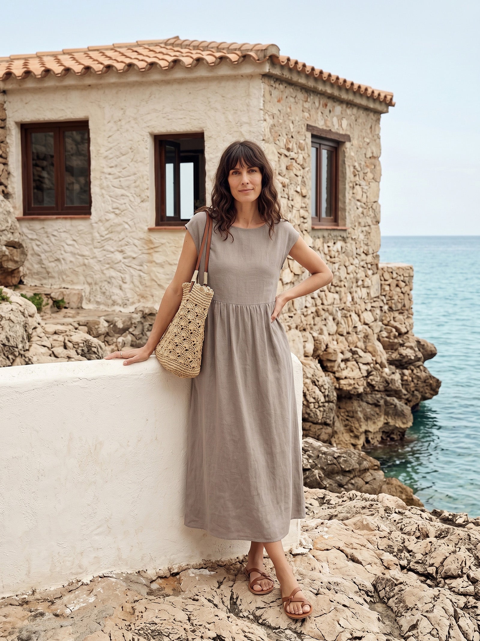 100% Linen Cap Sleeve Washed Maxi Dress JOAN