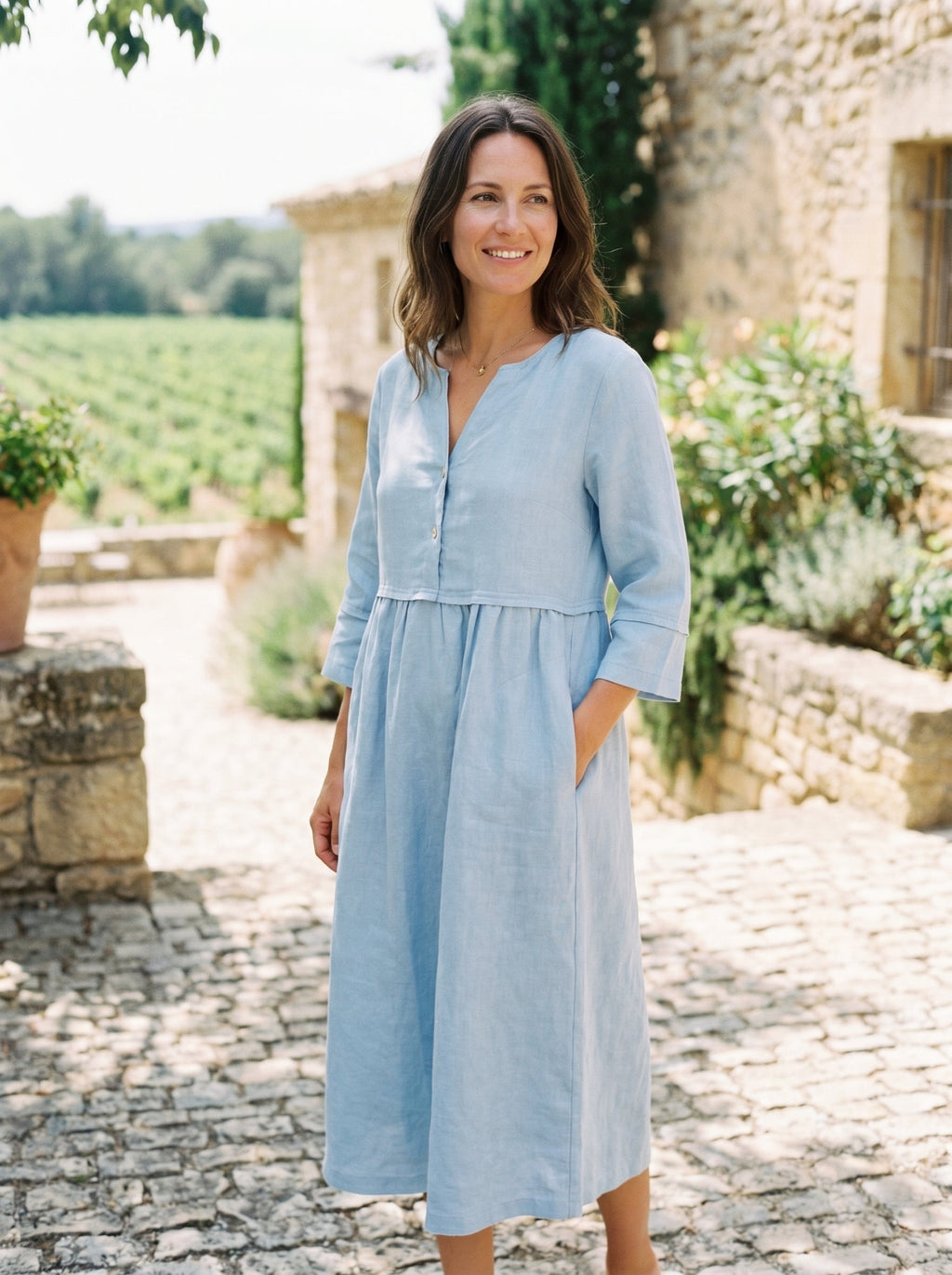 100% Linen Loose Fit Button Waist Gathered Maxi Dress LUNA