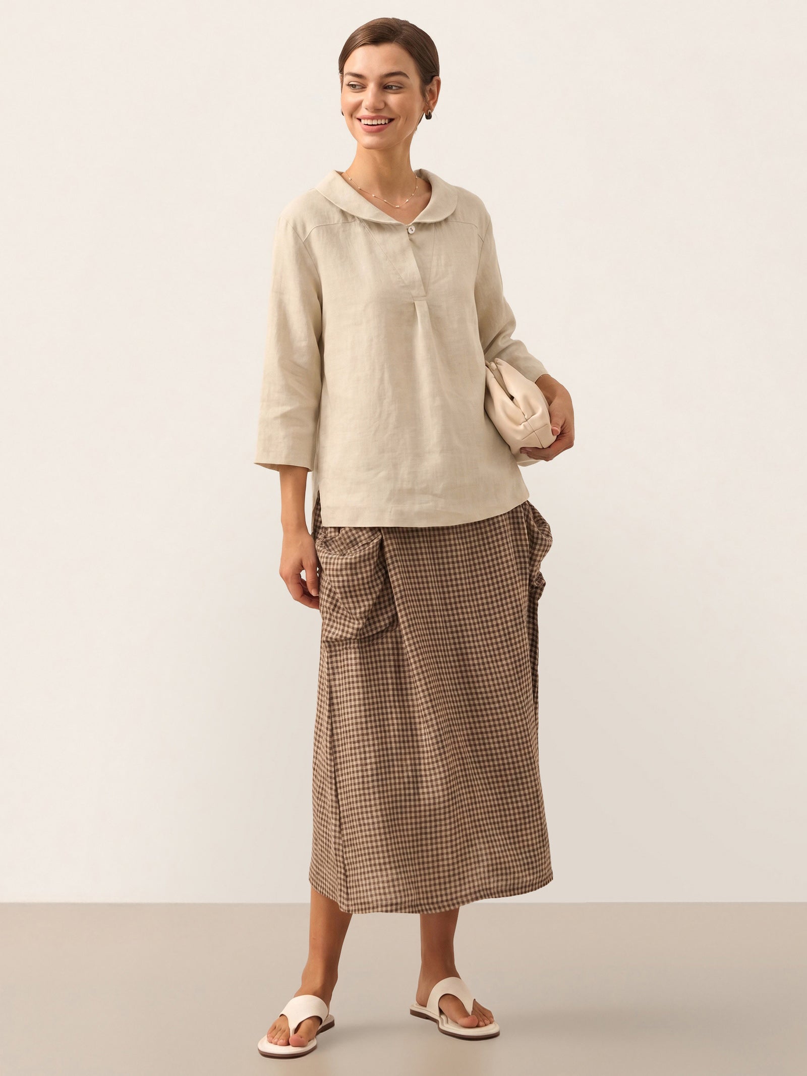 100% Linen Shawl V-Neck Half Sleeve Top JADE