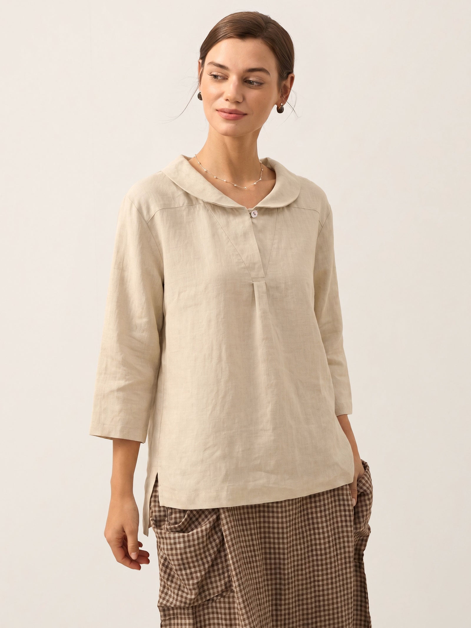 100% Linen Stripe Shawl V-Neck Half Sleeve Top JADE