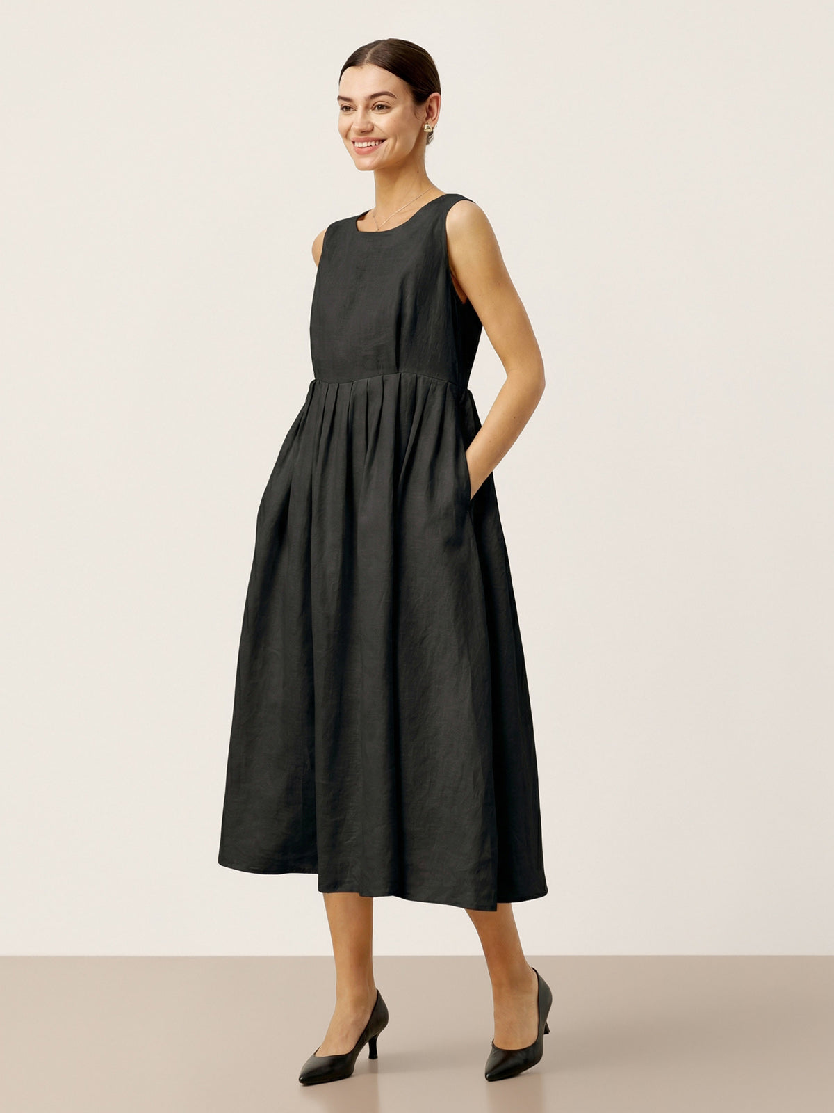 100% Linen Sleeveless Crew Neck Waist Pleated Maxi Dress SELENE