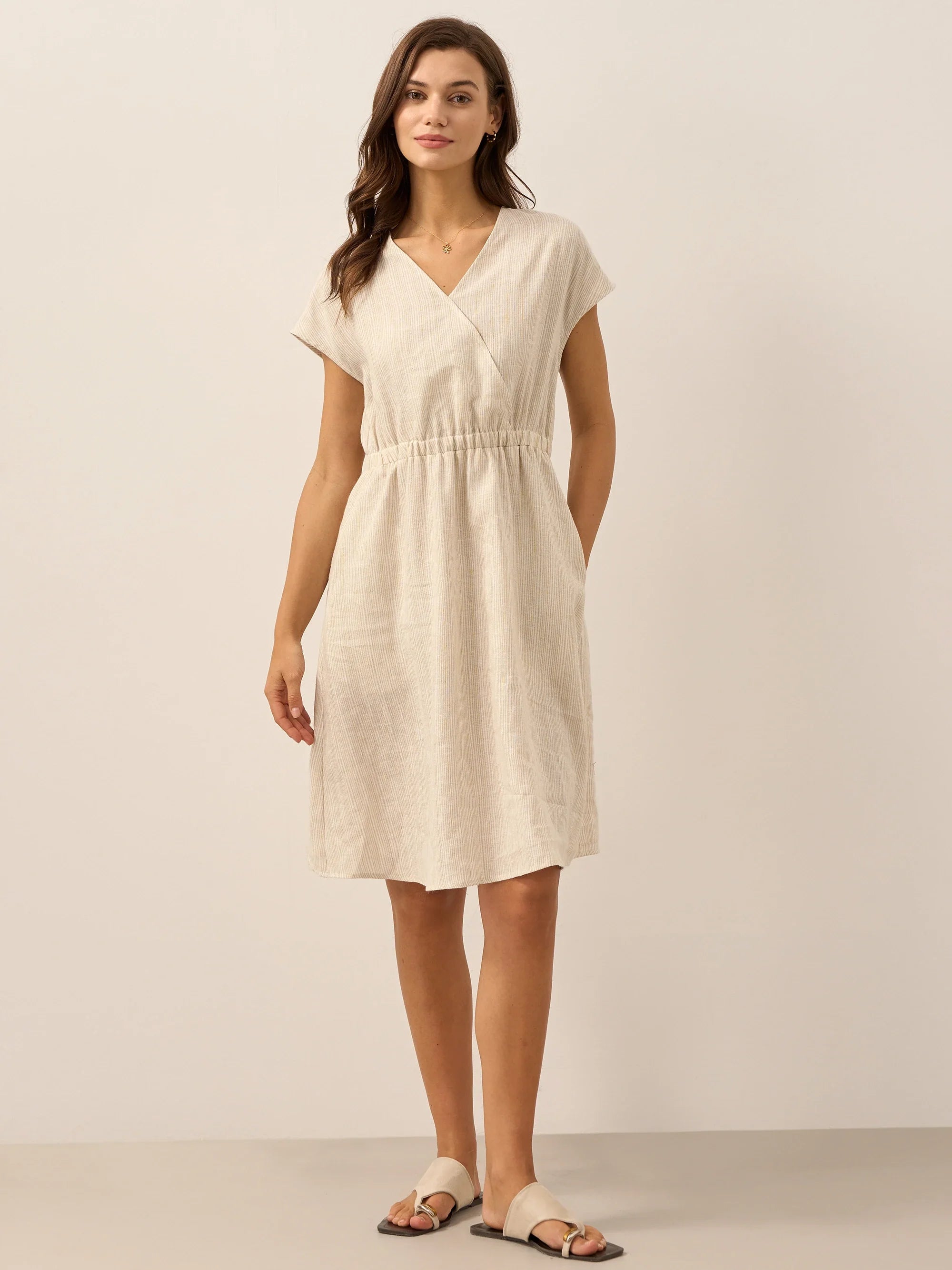 100% Linen Striped Elastic-Waist Midi Dress ARIA