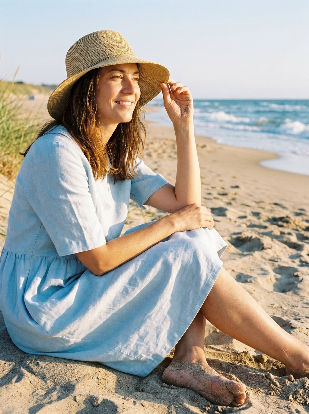 100% Linen Shawl V-Neck Pleated Maxi Dress SUSAN