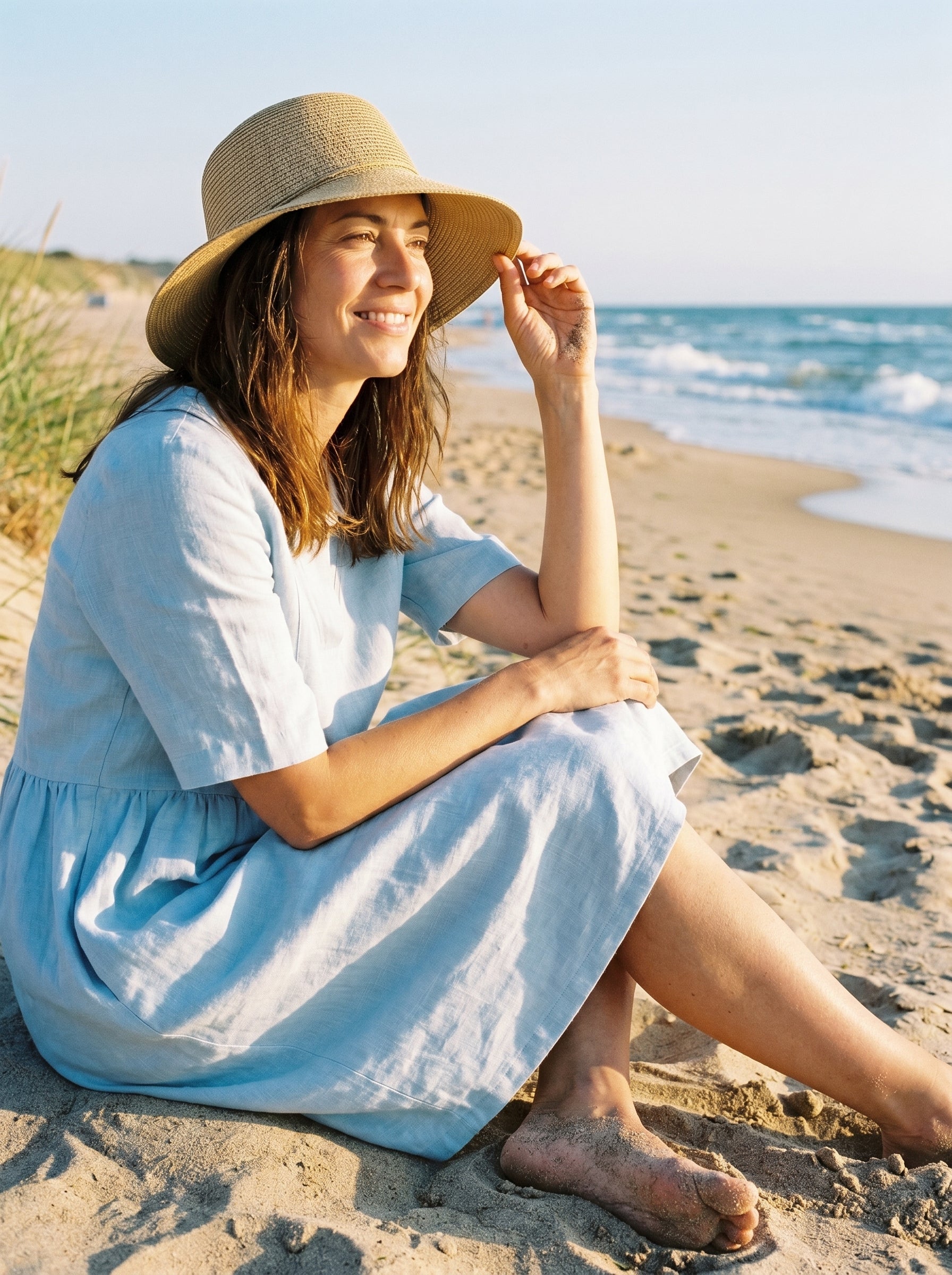 100% Linen Shawl V-Neck Pleated Maxi Dress SUSAN