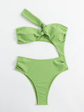 Solid Color One Piece Swimsuit Foreign Single Women Swimsuit Solid Color Diagonal Shoulder Hollow Out Cutout Siamese Bikini