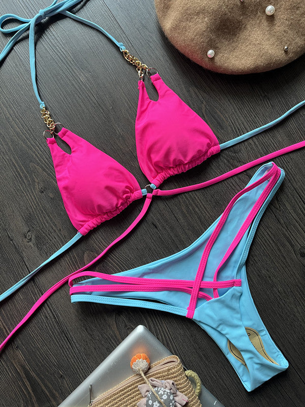 Arrival Bikini Chain Sexy Backless Split Swimsuit Nylon Color Matching Bikini