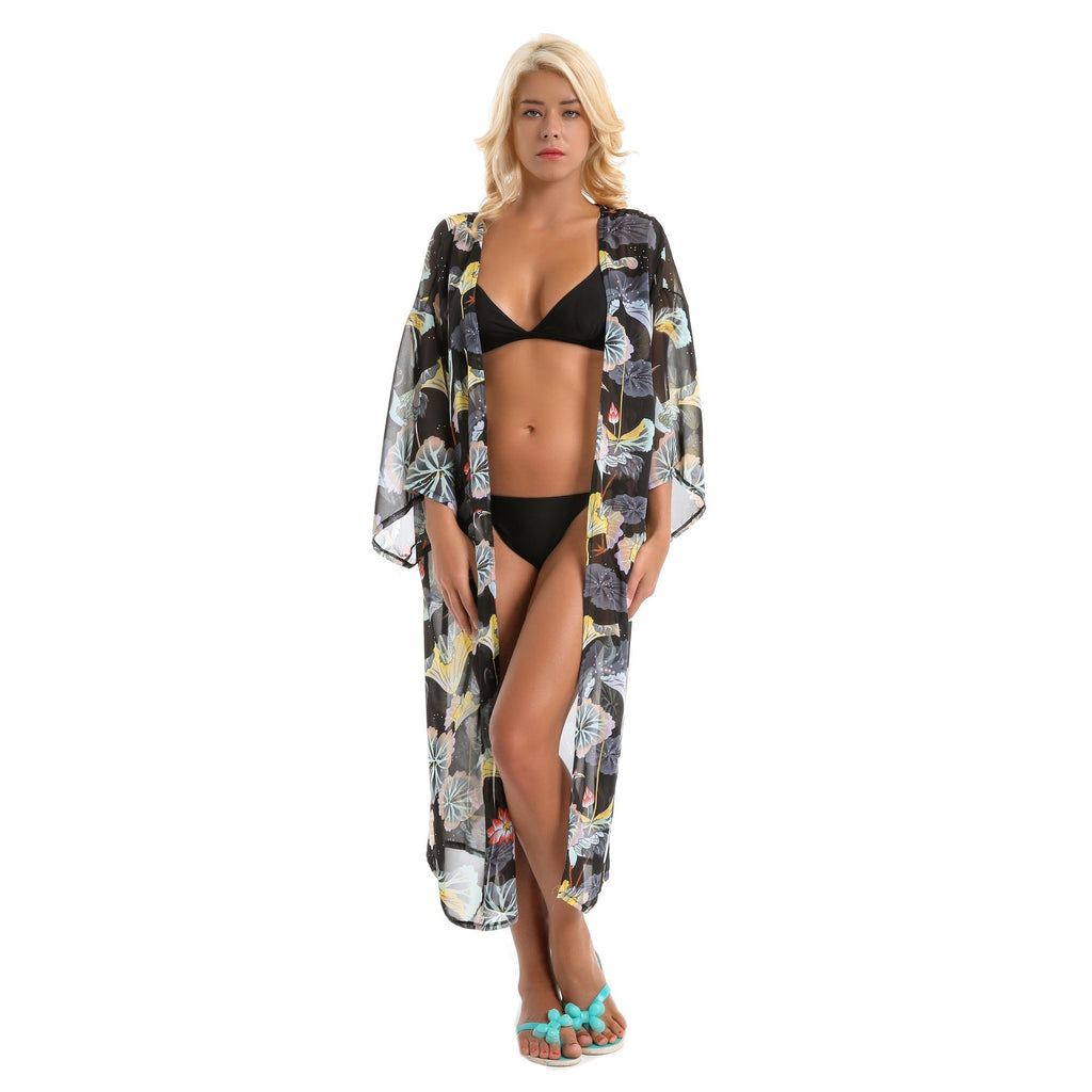 Spring, Summer, Autumn Classical Elegant Floral Lotus Leaf Travel Sun Protective Blouse Swimwear Cover up