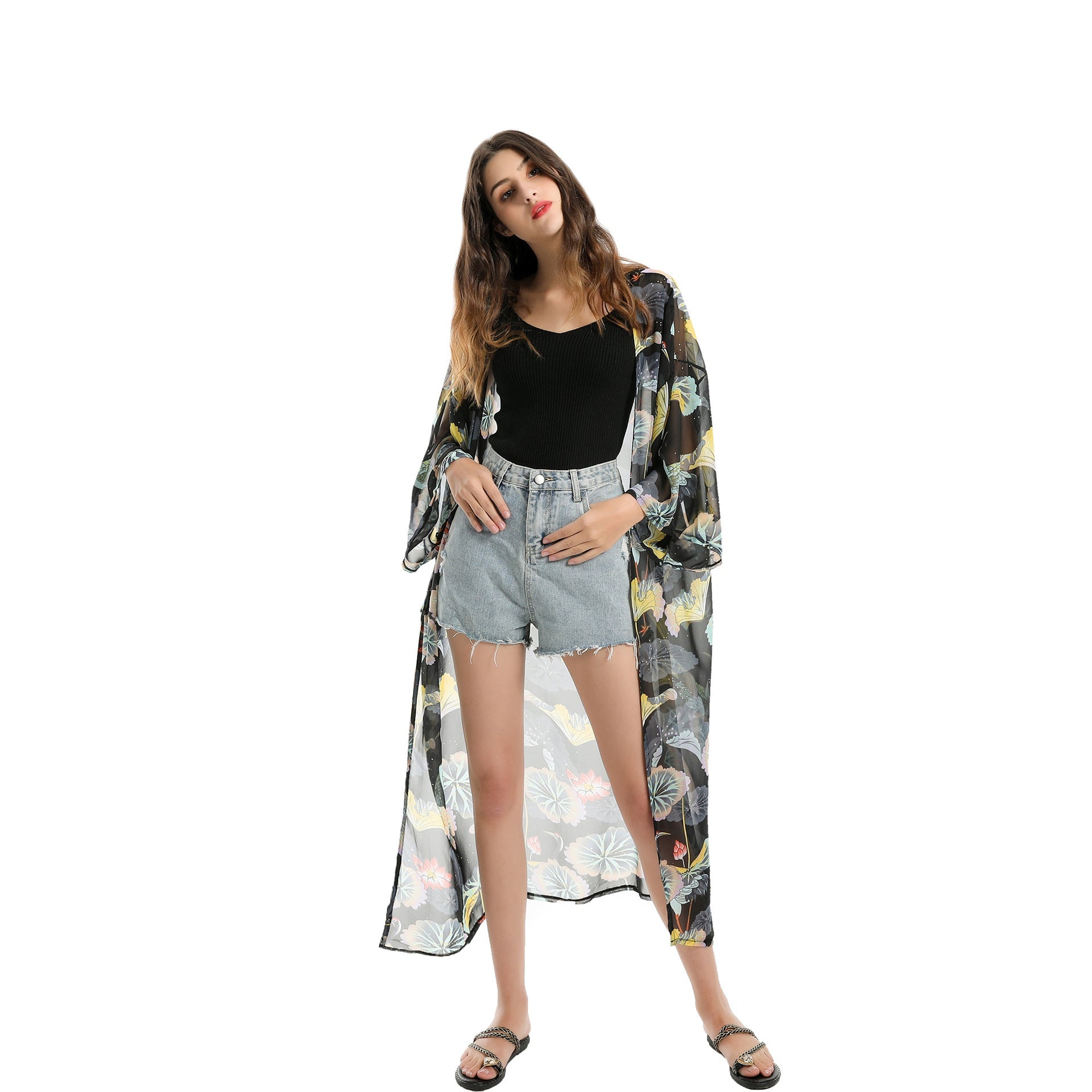Spring, Summer, Autumn Classical Elegant Floral Lotus Leaf Travel Sun Protective Blouse Swimwear Cover up
