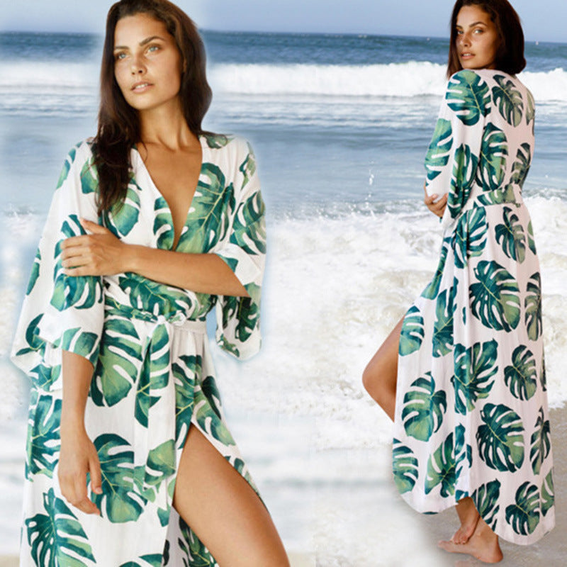 Rayon Japanese Banana Leaf Loose Sunscreen Clothes Beach Cover-up Bikini Jacket Swimsuit Outwear Women Cardigan