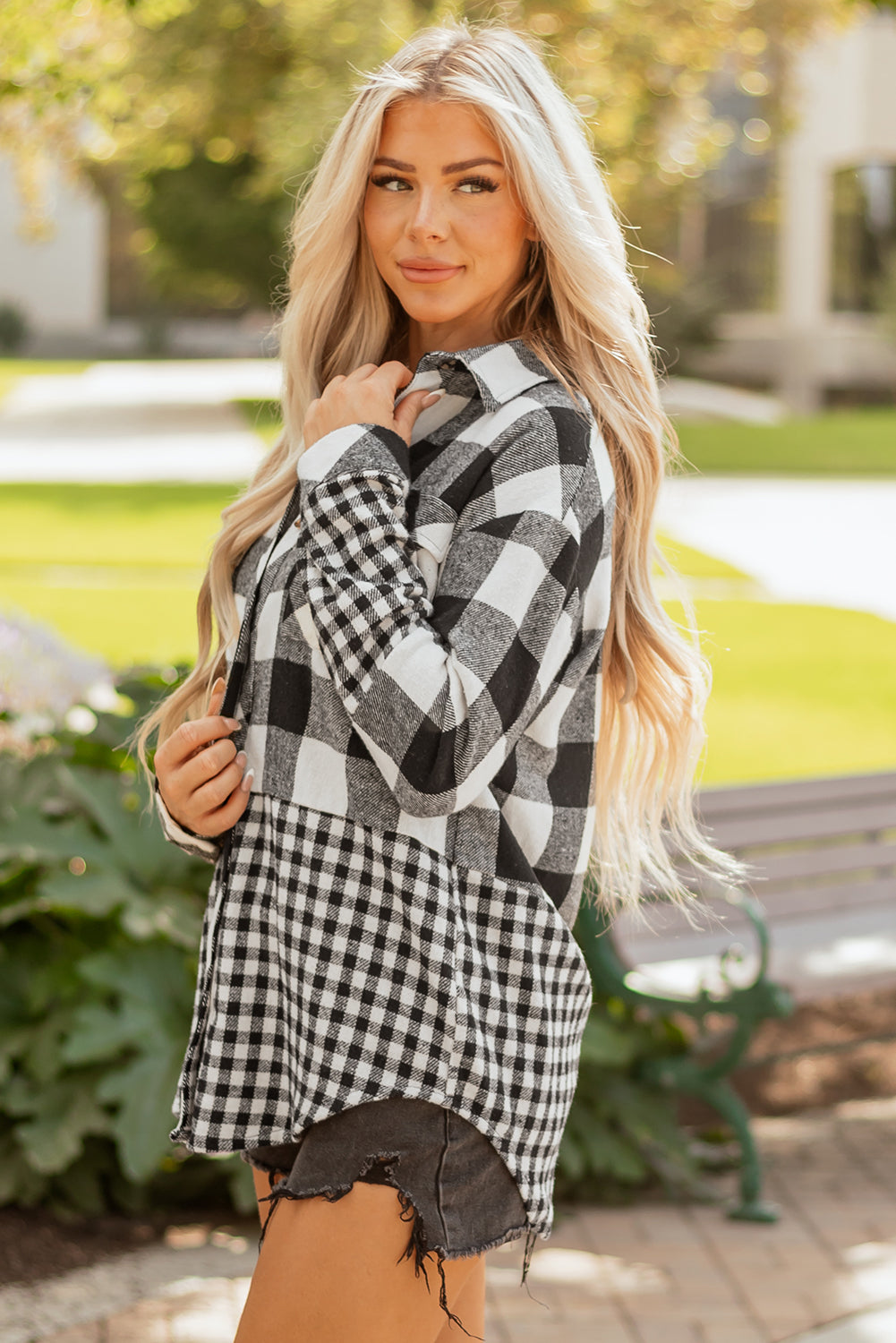 Cecelia Patchwork Drawstring Hooded Shacket