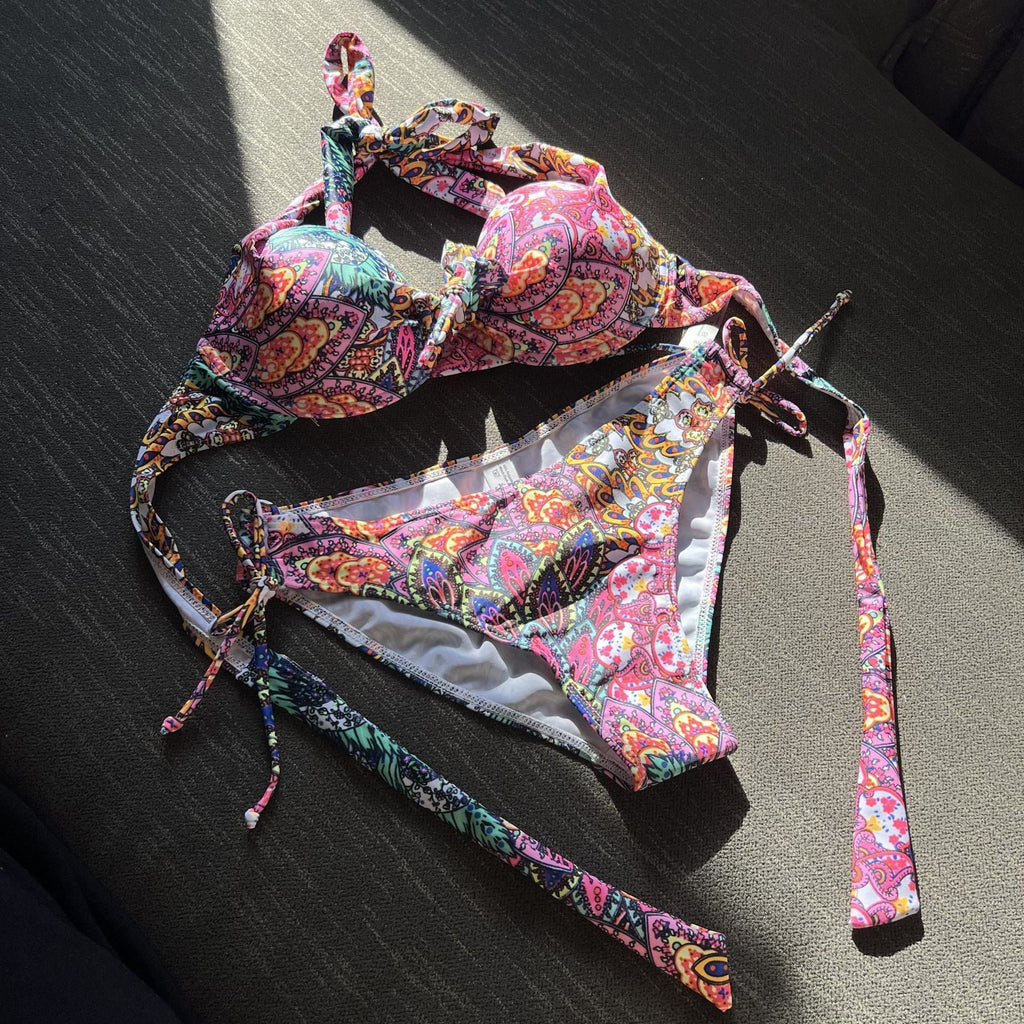 Hard Cup Floral Totem Strap Split Swimsuit Bikini Bikini