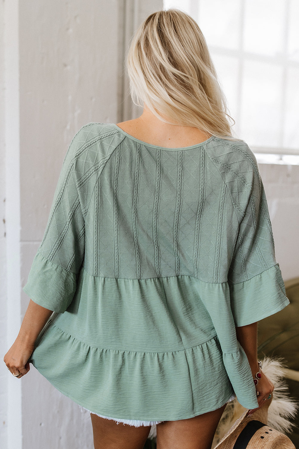 Ensley Tie Split Neck Textured Ruffle Patchwork Blouse
