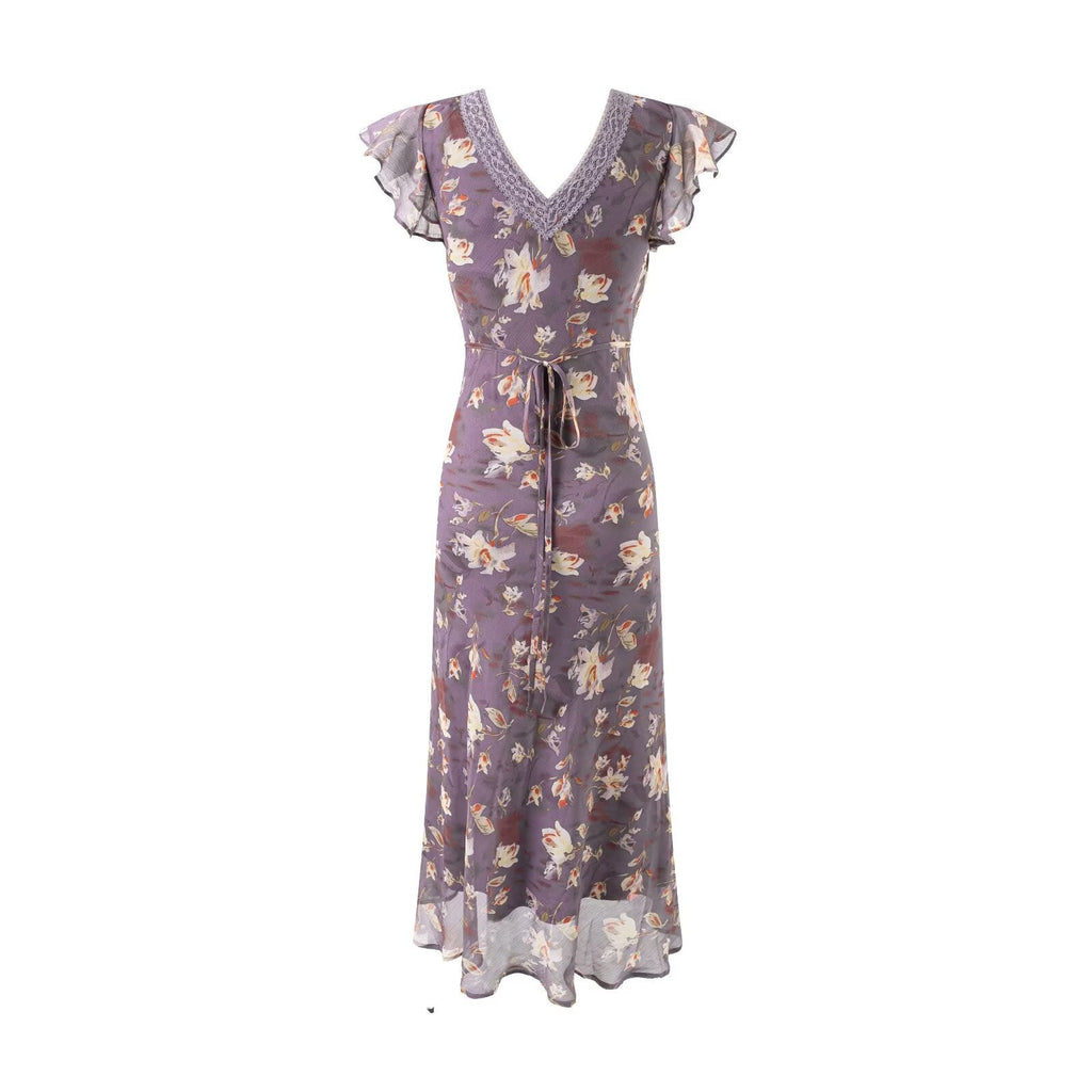 Summer Elegant Romantic Flying Sleeve Lace V neck Patchwork Long Floral Slim Fitting Dress