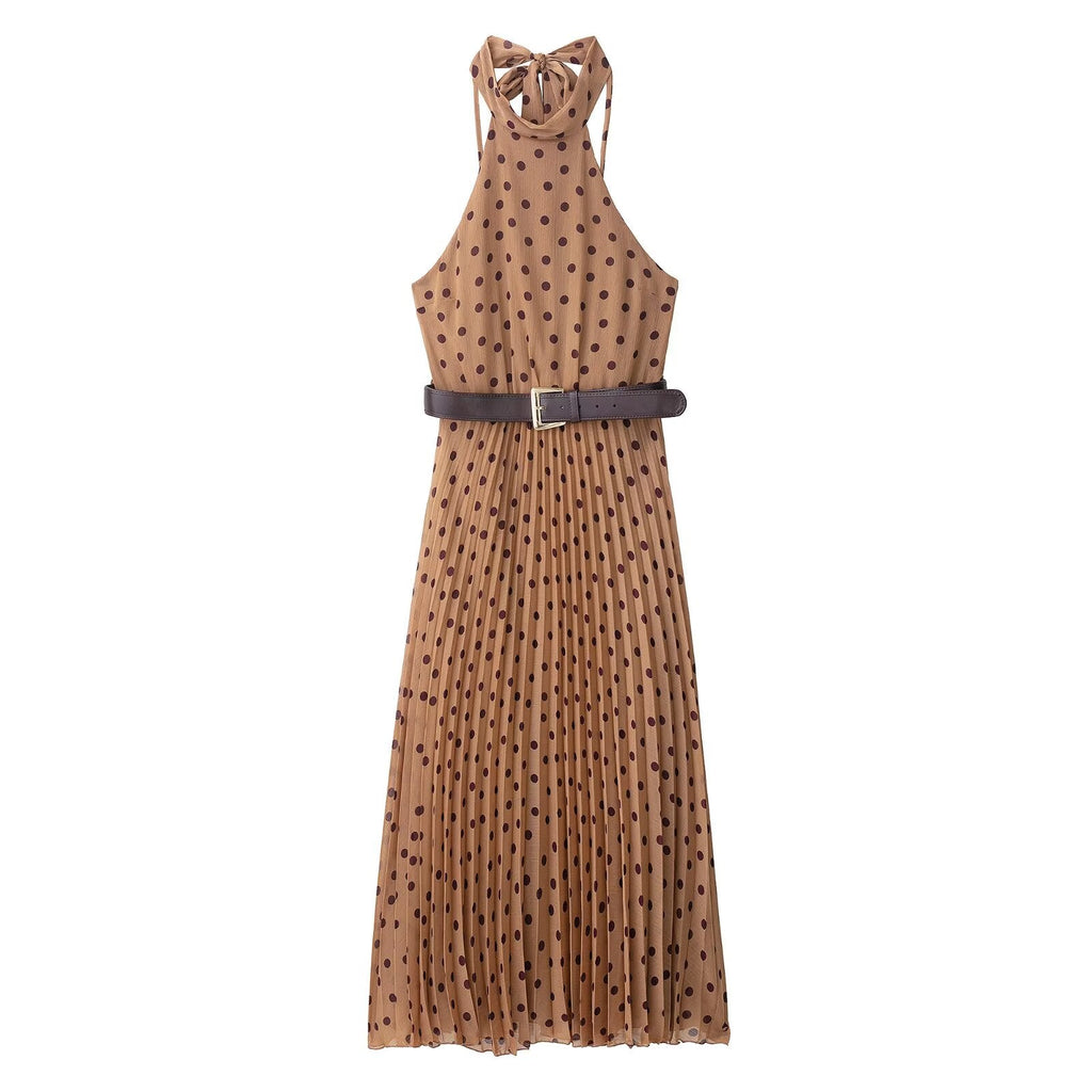 Dress Polka Dot Belt Midi Skirt Elegant Women Clothing