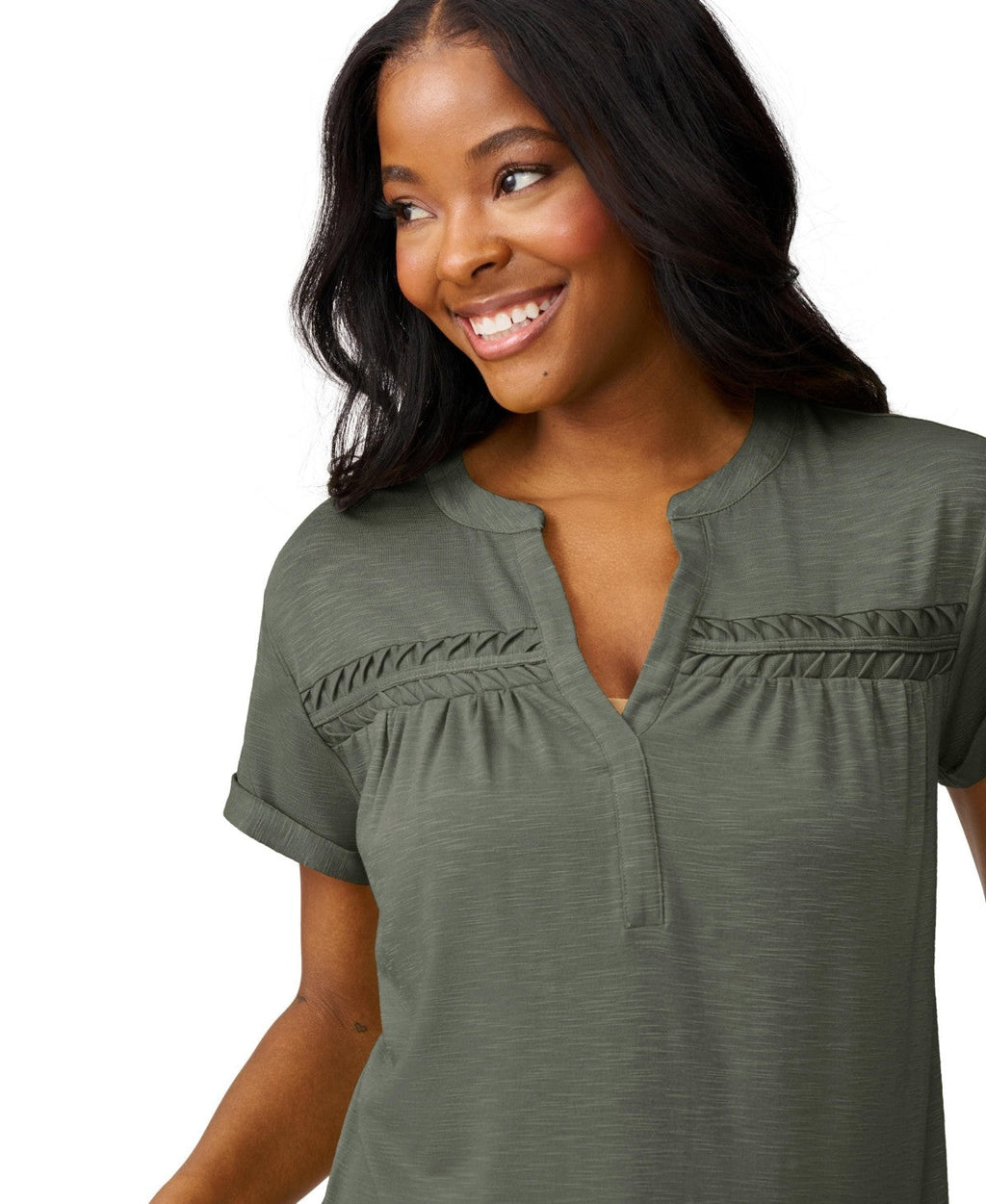 Cable and Gauge Womens Shirred Detail Short Sleeve Top, Medium