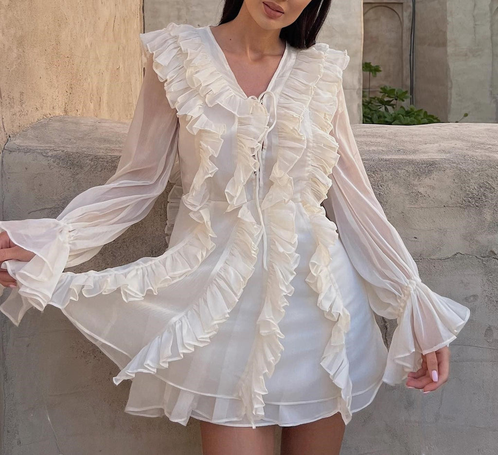 Elegant Women Clothing V neck Chiffon Multi Layer Ruffled Dress