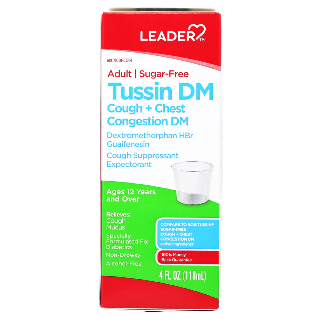 Leader Tussin DM Cough & Chest Congestion Relief, Sugar-Free & Dye-Free Liquid, 4 oz
