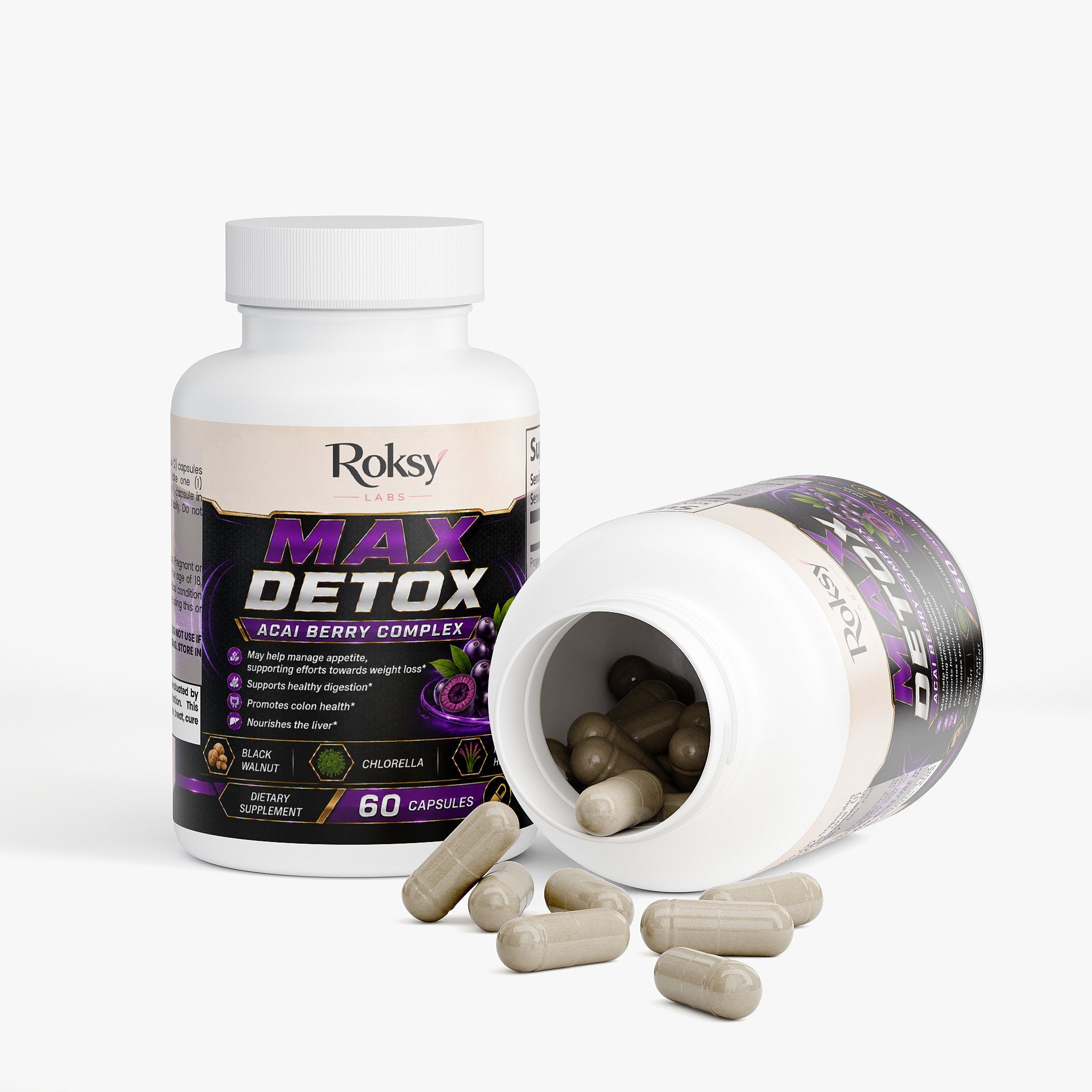 Max Detox Acai Berry Complex | Colon Cleanse and Gut Detox | Psyllium Chlorella Black Walnut | 60 Capsules