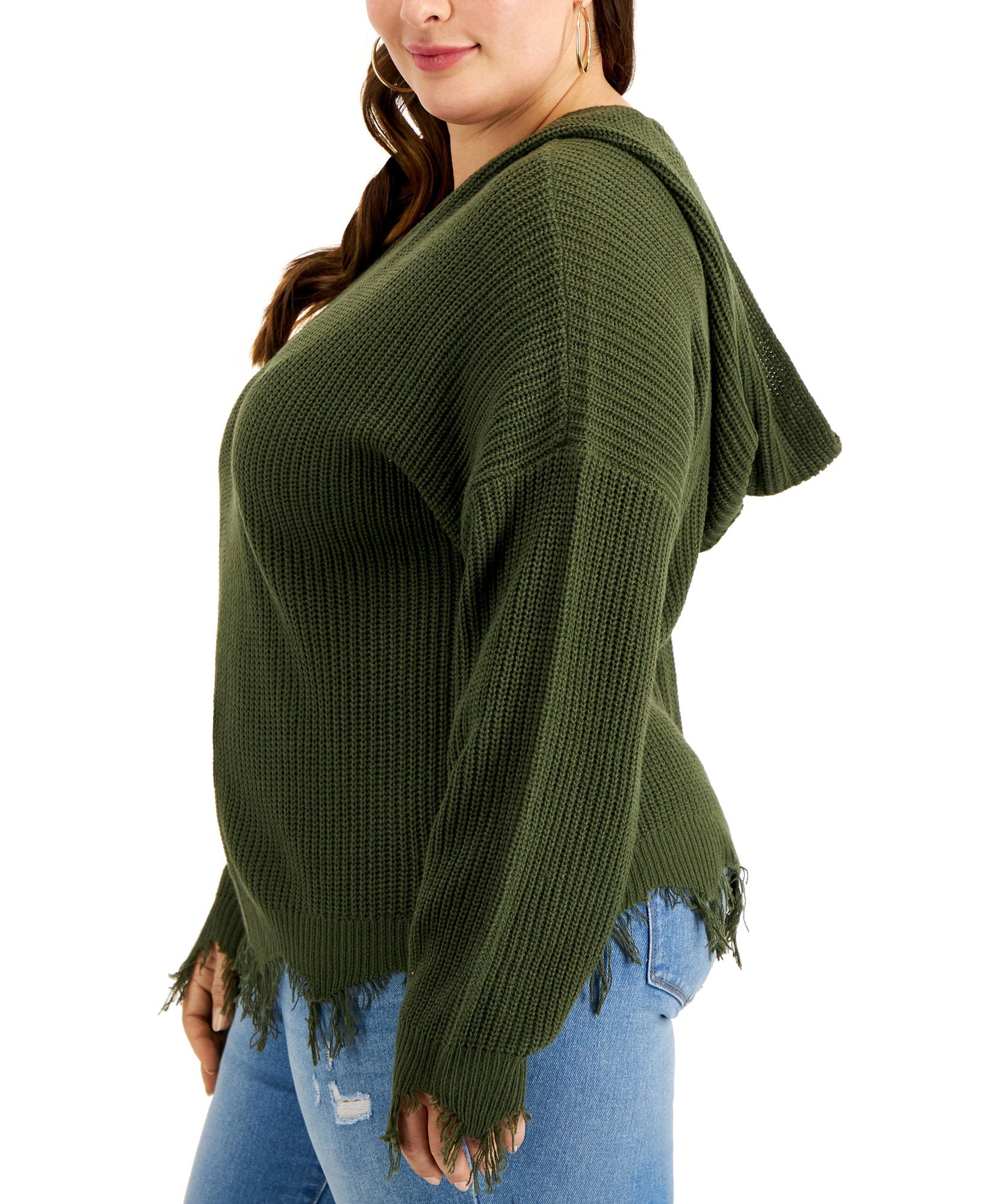 Full Circle Trends Trendy Plus Size Hooded Distressed Sweater