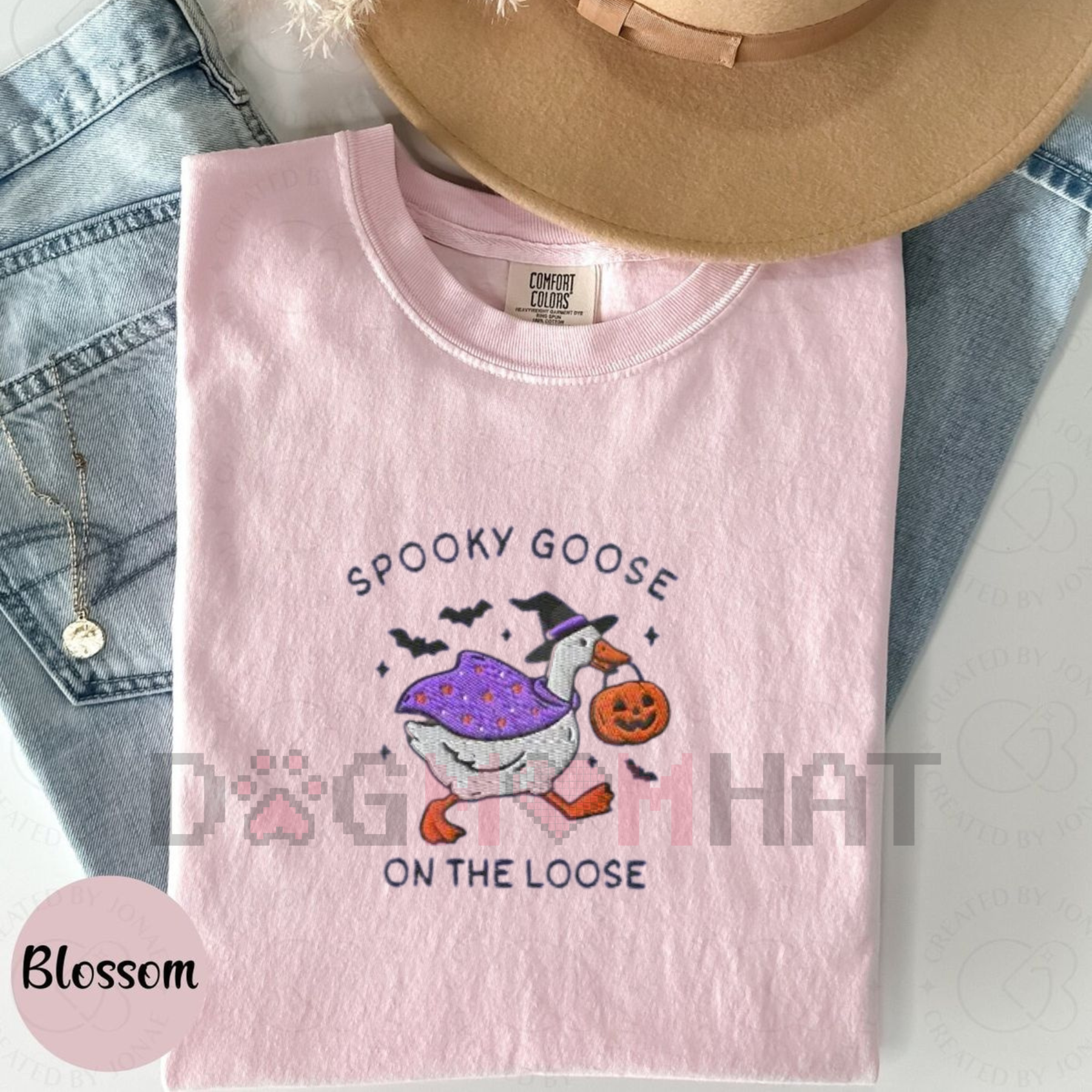 Embroidered Spooky Goose Comfort Colors® T-Shirt – Witchy Silly Goose Lover Tee