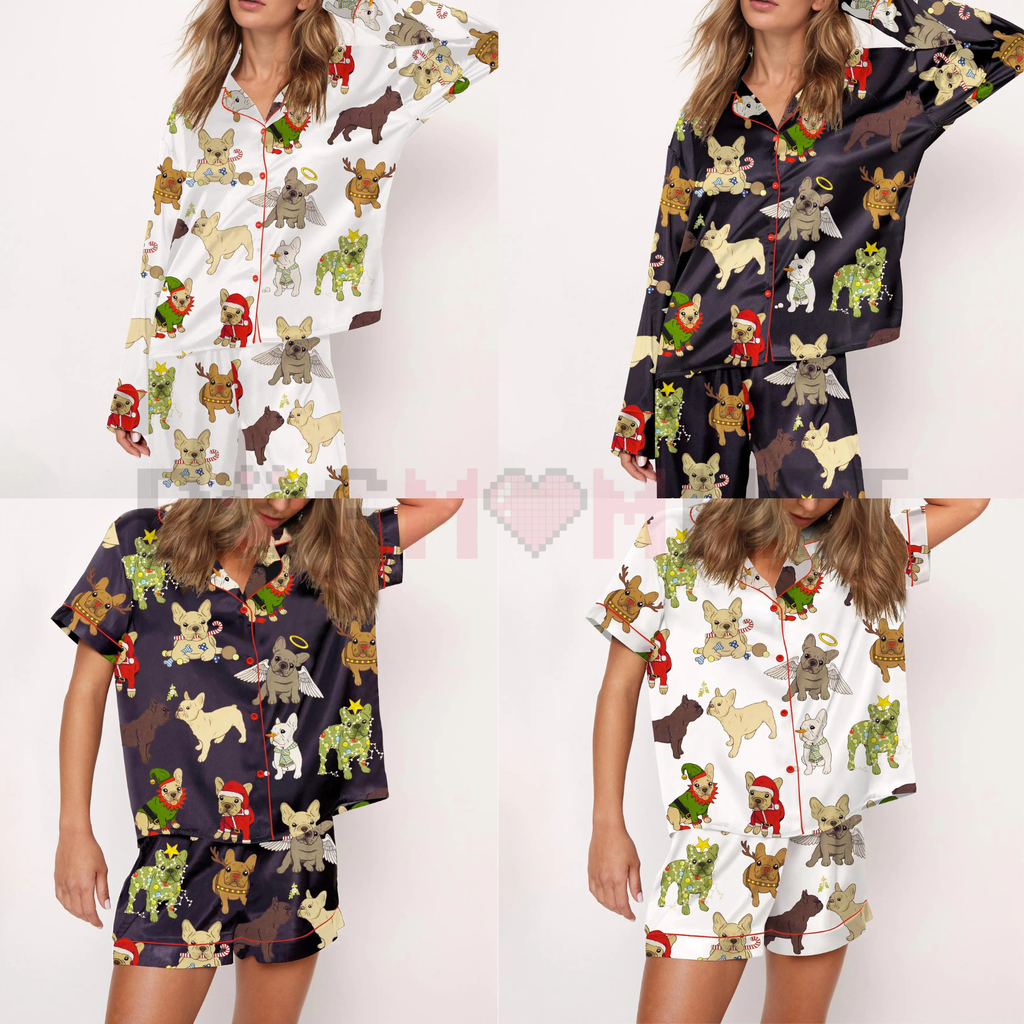 Christmas French Bulldog Satin Pajama Set For Women – Comfy Satin Sleepwear & Loungewear Pjs