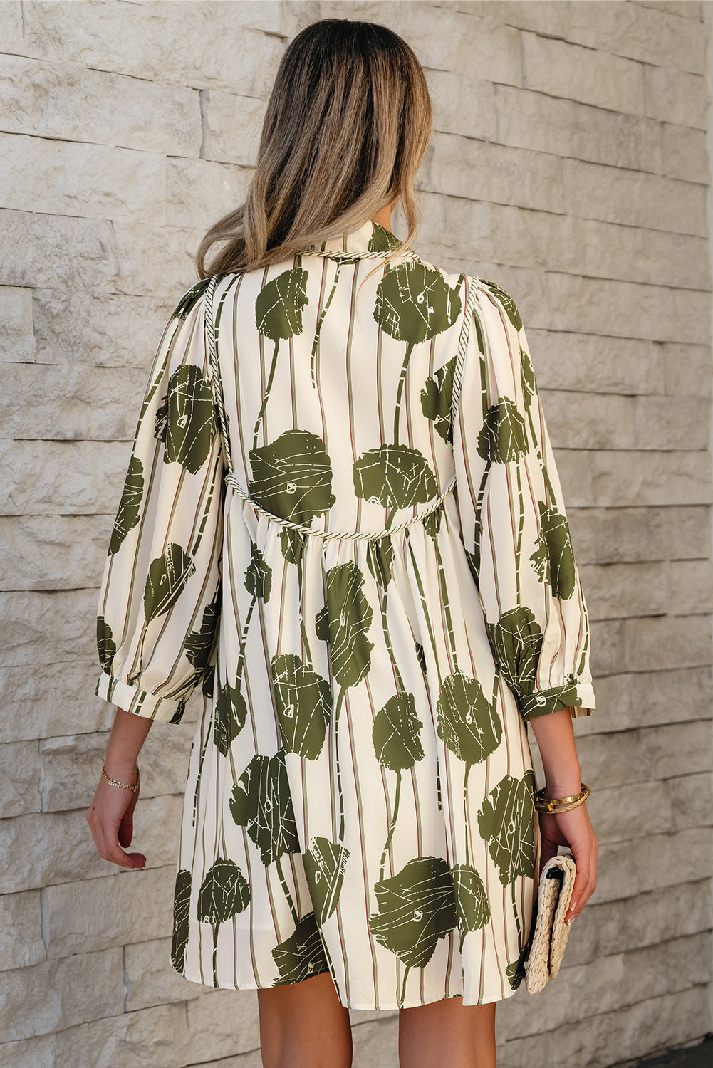 Angie Floral Striped Piping Puff Sleeve Dress