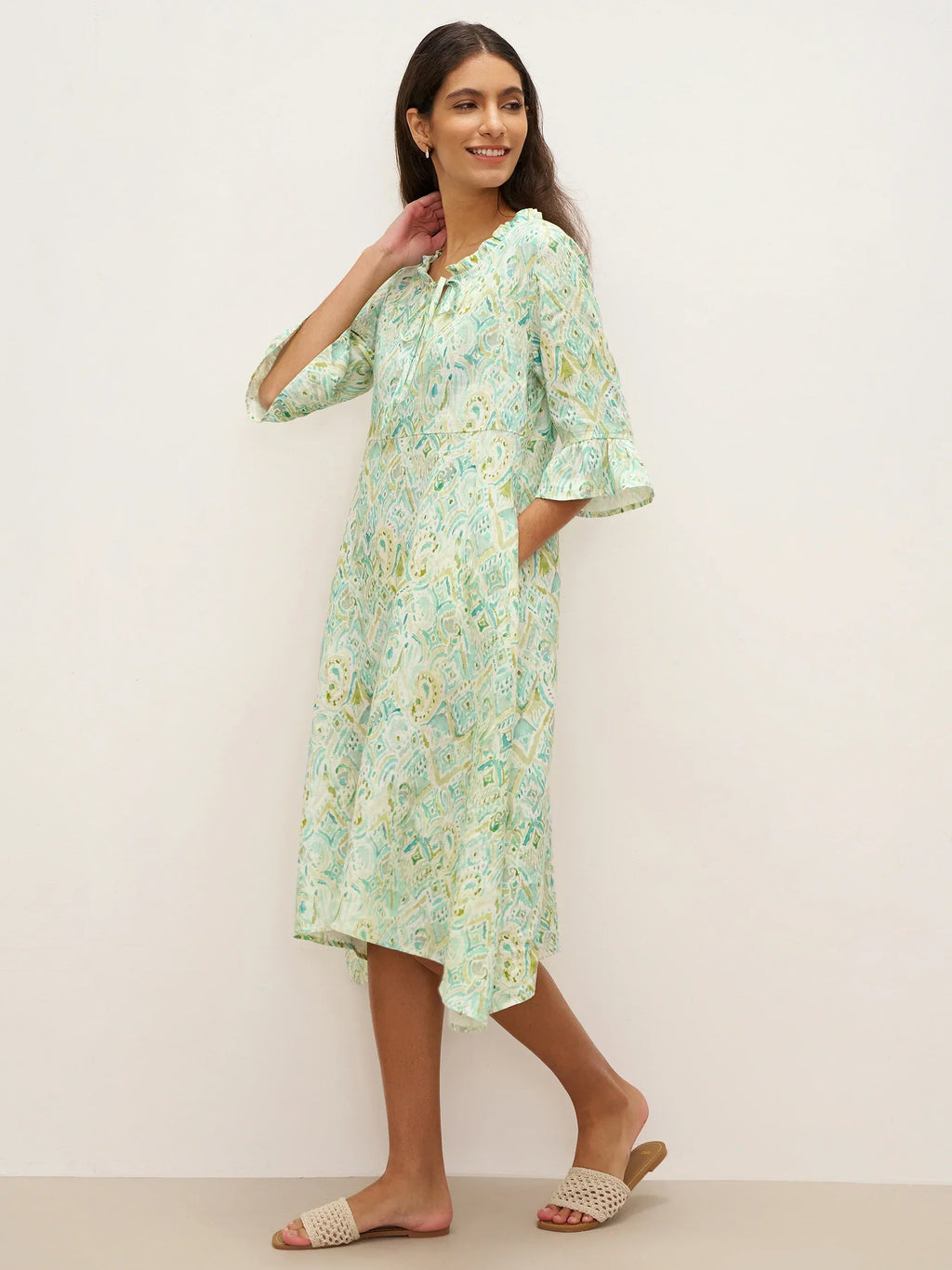 100% Linen A-Line Ruffled Collar Tie-Neck Midi Dress LIVIA