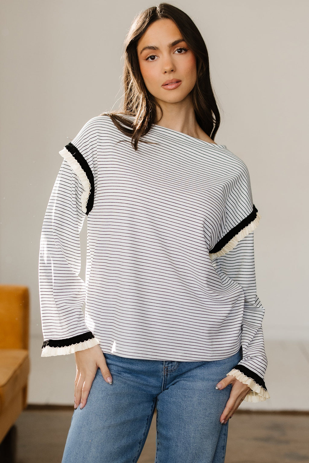 Anya Ruffle Trim Loose Long Sleeve Top