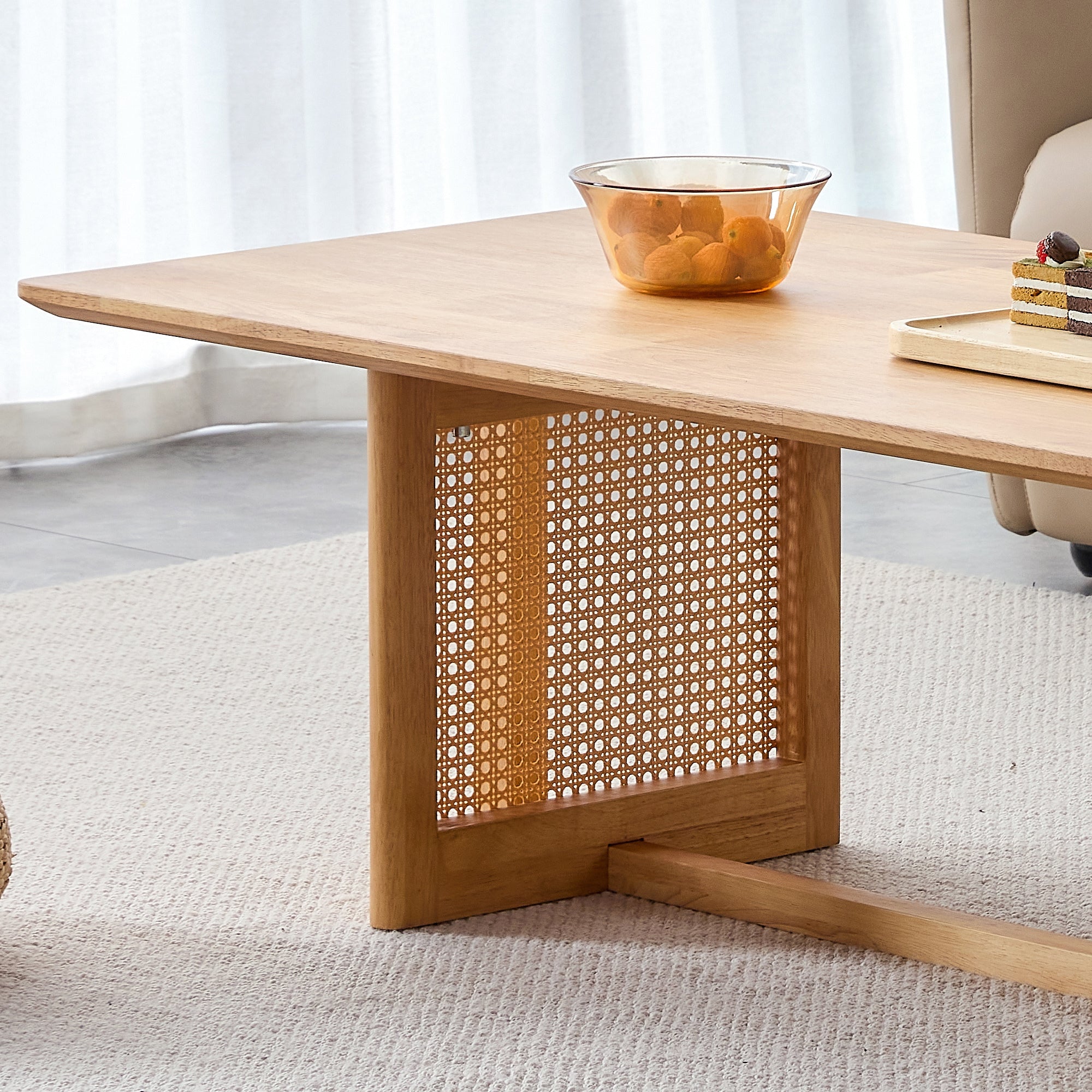 Natural Rubber Wood and Solid Wood Minimalist Coffee Table